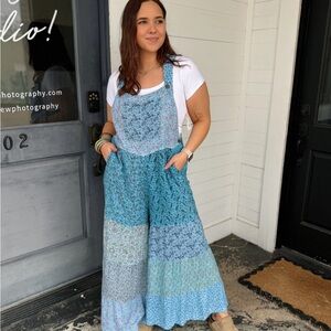 Blue Sky Patchwork Overalls Wide Leg Jumpsuit Boho Festival Cottagecore XL
